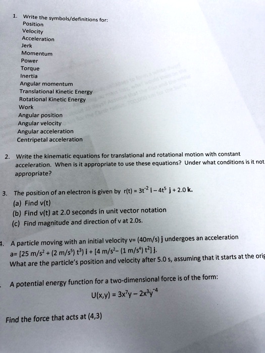 SOLVED Write symbols/definitions for Position, Velocity, Acceleration