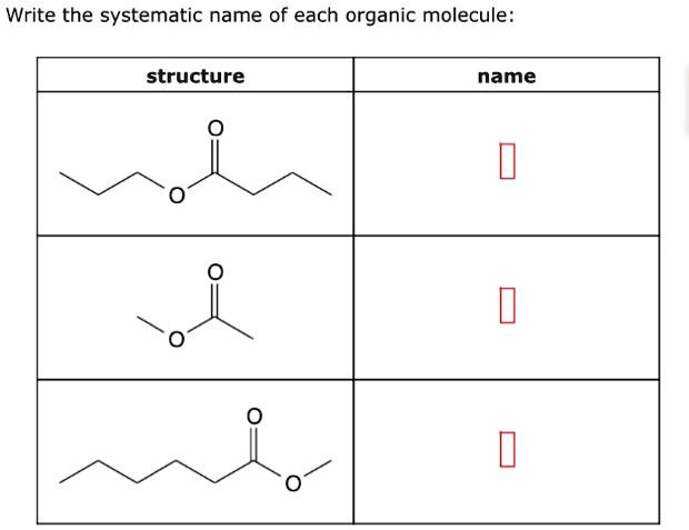 SOLVED: Write the systematic name of each organic molecule: structure name