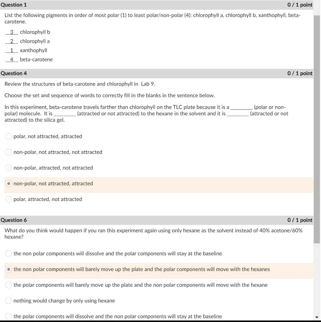 SOLVED Question 1 0 / 1 point List the following pigments in order of most polar (1) to least