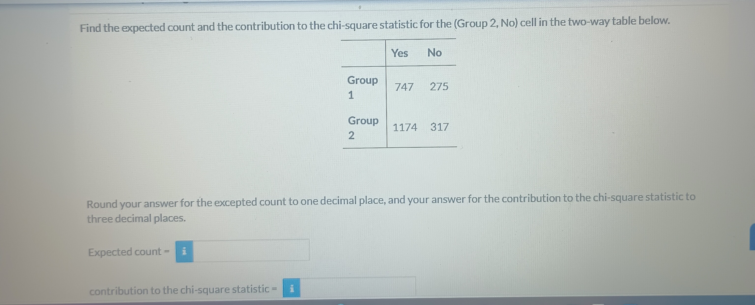 Find the expected count and the contribution to the chi-square ...