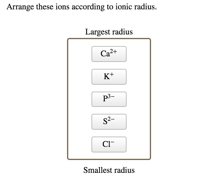Solved:arrange These Ions According To Ionic Radius. Largest Radius Ca2+  K+T P3 S2 - Cl Smallest Radius Solved:arrange These Ions According To Ionic Radius. Largest Radius Ca2+  K+T P3 S2 - Cl Smallest Radius