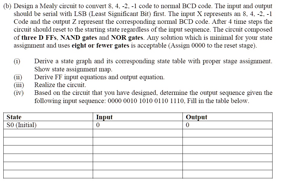 b) Design a Mealy circuit to convert 8, 4, -2, -1 code to normal BCD ...
