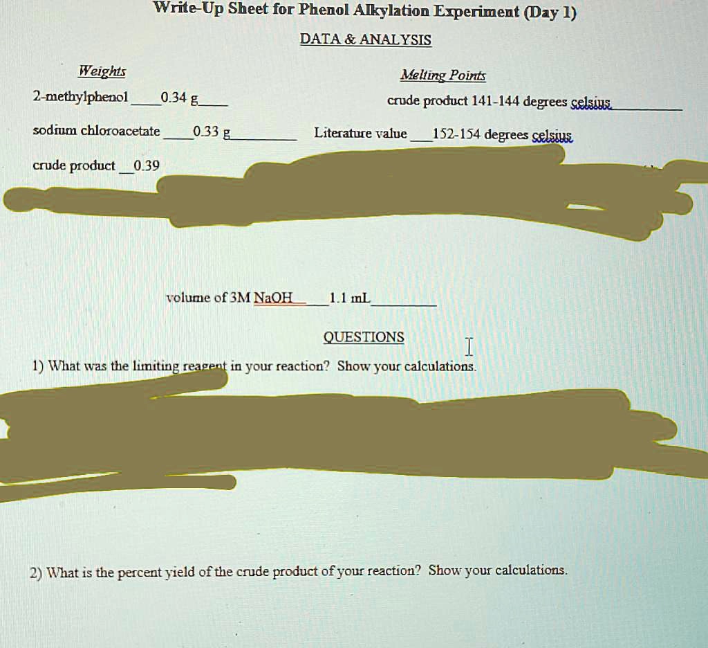 SOLVED WriteUp Sheet for Phenol Alkylation Experiment (Day 1) DATA