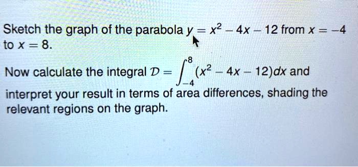 Solved Sketch The Graph Of The Parabola Y X2 4x 12 From X 4 To X 8 Now Calculate The Integral D X2 4x 12 Dx And Interpret Your Result In