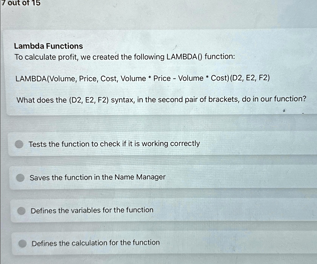 7 out of 15 Lambda Functions To calculate profit, we created the ...