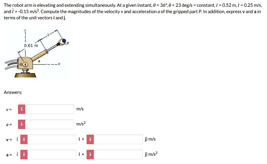 the robot arm is elevating and extending simultaneously at a given instant theta 36deg theta 23degs constant l052ml 025ms and l 015ms2 compute the magnitudes of the velocity v and accelerati 29661