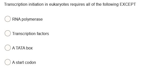 Transcription initiation in eukaryotes requires all of the following EXCEPT
RNA polymerase
Transcription factors
A TATA box
A start codon