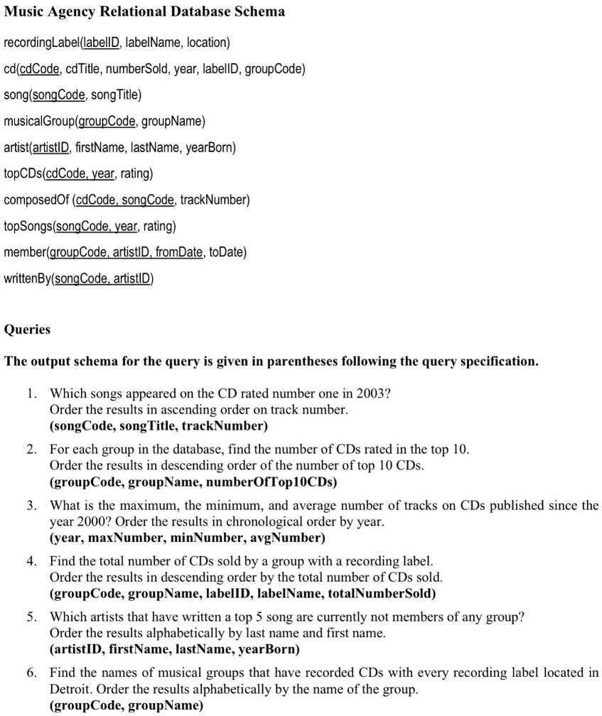 solve using sql queries music agency relational database schema recordinglabellabelld labelname location cdcdcode cdtitle numbersold year labelld groupcode songlsongcode songtitle musicalgro 13056