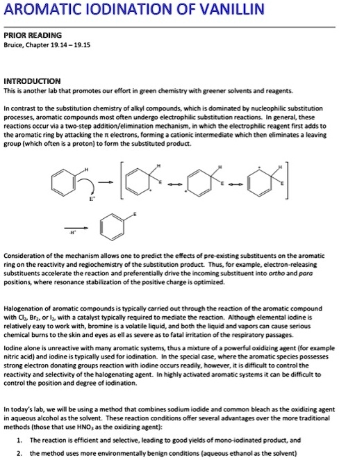 SOLVED: AROMATIC IODINATION OF VANILLIN PRICE READING Anuico Chapter 19 ...