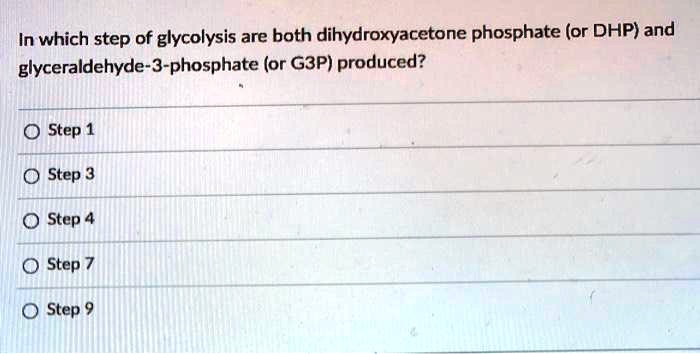 In which step of glycolysis are both dihydroxyacetone phosphate (or DHP) and
glyceraldehyde-3-phosphate (or G3P) produced?
Step 1
Step 3
Step 4
Step 7
Step 9
