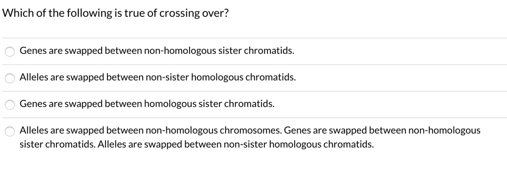 Which of the following is true of crossing over?

Genes are swapped between non-homologous sister chromatids.
Alleles are swapped between non-sister homologous chromatids.
Genes are swapped between homologous sister chromatids.
Alleles are swapped between non-homologous chromosomes. Genes are swapped between non-homologous sister chromatids. Alleles are swapped between non-sister homologous chromatids.