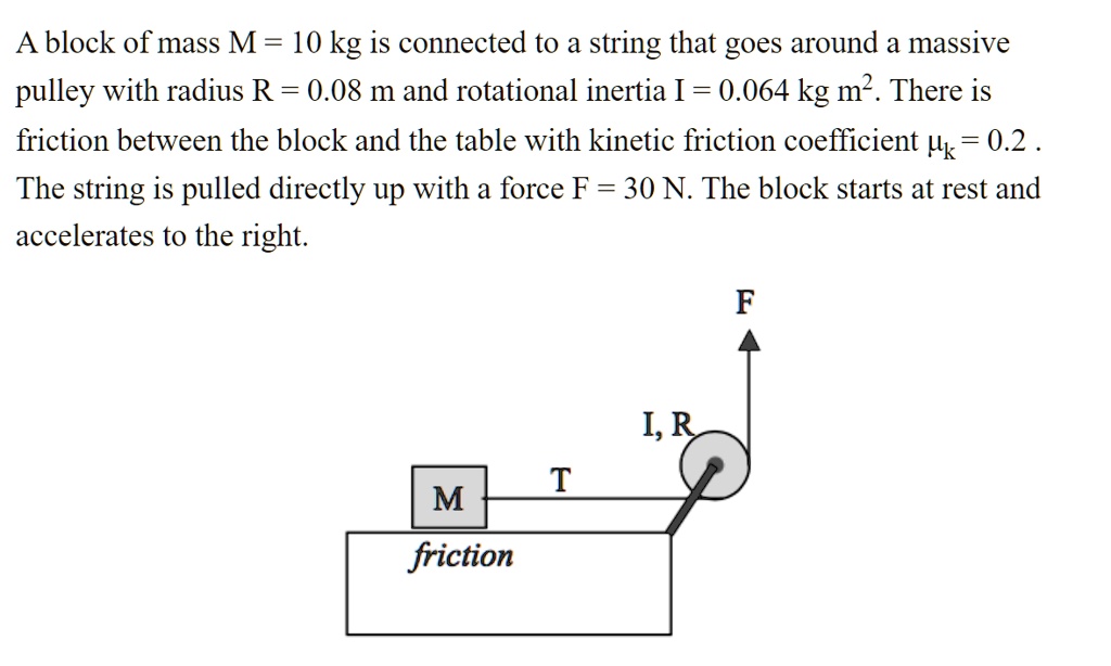 SOLVED: A block of mass M = 10 kg is connected to a string that goes ...