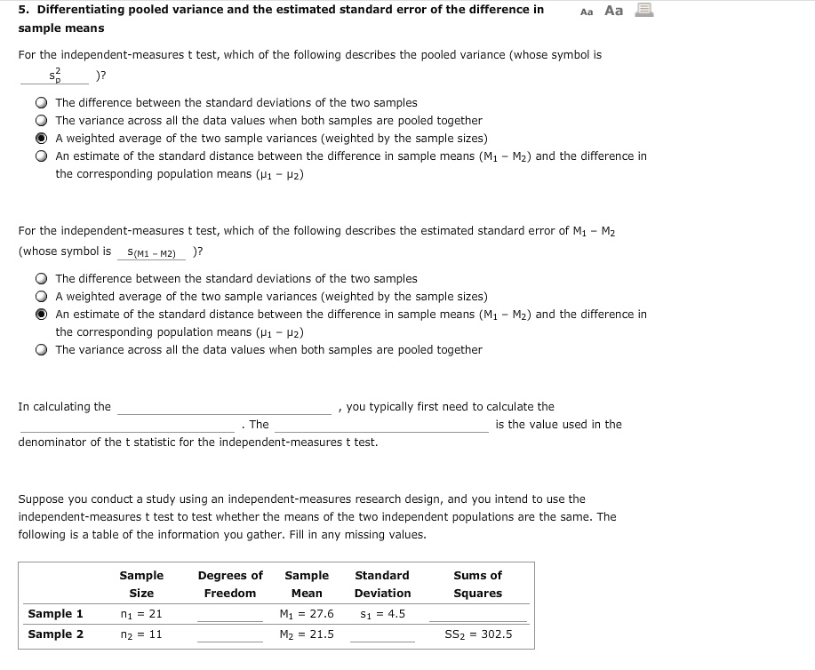 SOLVED: Differentiating pooled variance and the estimated standard ...