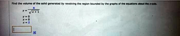Find the volume of the solid generated by revolving the region bounded by the graphs of the equations about the x-axis.

y = 4 / ?(x + 1)
y = 0
x = 0
x = 2