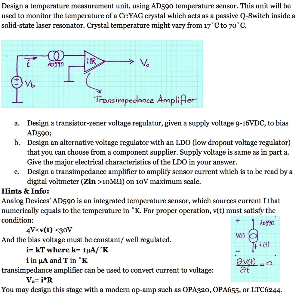 Design a temperature measurement unit, using AD590 temperature sensor