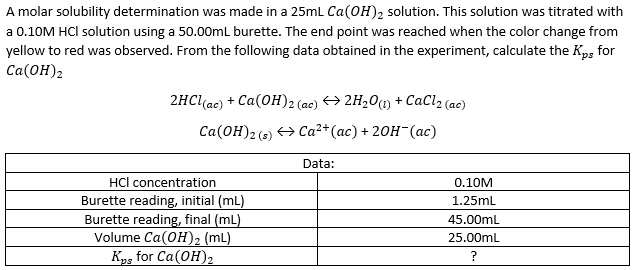 SOLVED: molar solubility determination was made in 25mL Ca(OH)z ...