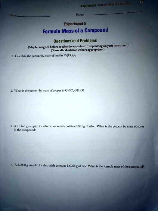 SOLVED: Expbuebans Rarxs hxe Dupur S Iaane: Experiment 5 Formula Mass ...