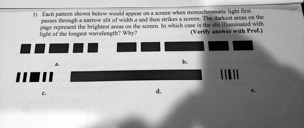 5) Each pattern shown below would appear on a screen when monochromatic light first passes through a narrow slit of width a and then strikes a screen. The darkest areas on the page represent the brightest areas on the screen. In which case is the slit illuminated with light of the longest wavelength? Why?