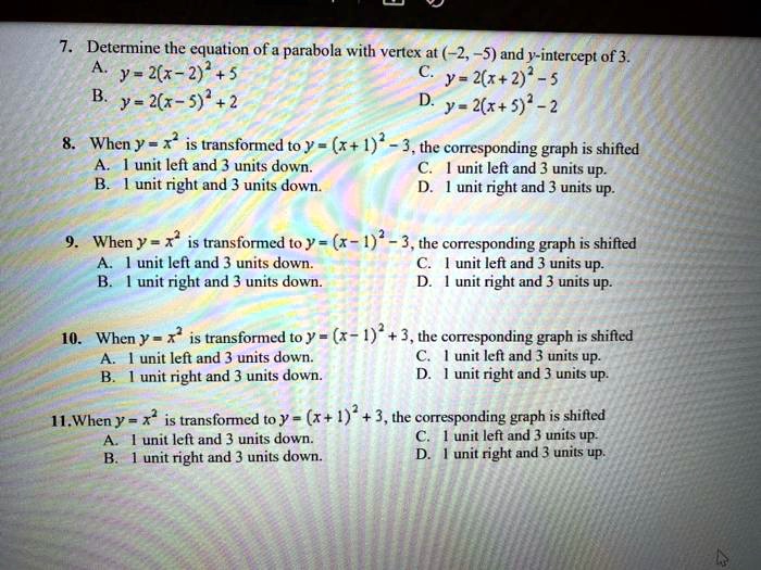 Solved Determine The Equation Of A Parabola With Vertex At 2 5 And Y Intercept Of 3 Y 2 X 2 Y 2 X 2 5 Y 2 X 5 2 Y 2 X 5 2 2 When