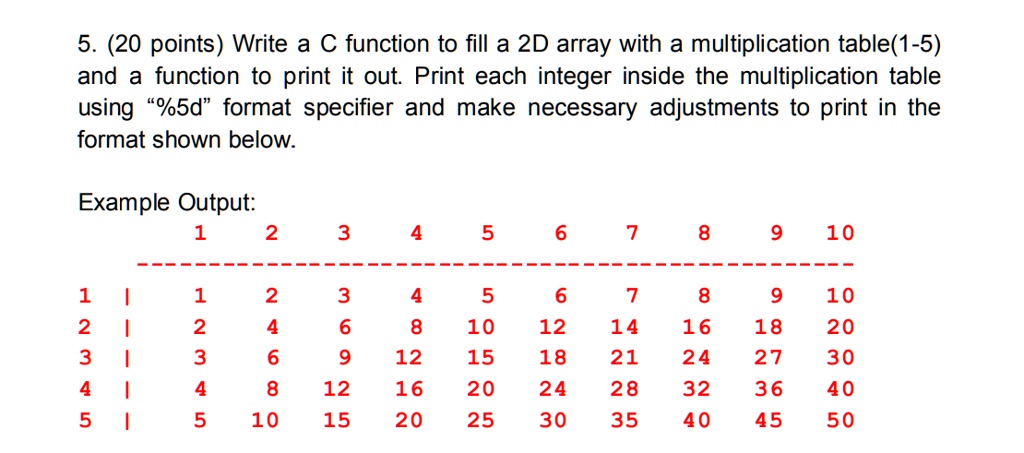 5. (20 points) Write a C function to fill a 2D array with a multiplication table(1-5)
and a function to print it out. Print each integer inside the multiplication table
using "%5d" format specifier and make necessary adjustments to print in the
format shown below.
Example Output:
1	2	3	4	5	6	7	8	9	10
—
1	1	2	3	4	5	6	7	8	9	10
2	2	4	6	8	10	12	14	16	18	20
3	3	6	9	12	15	18	21	24	27	30
4	4	8	12	16	20	24	28	32	36	40
5	5	10	15	20	25	30	35	40	45	50