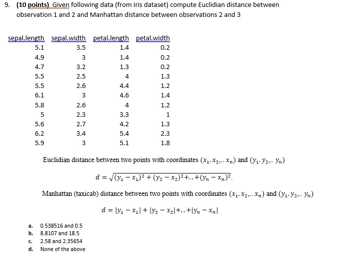 9. (10 points) Given following data (from Iris dataset) compute Euclidian distance between observation 1 and 2 and Manhattan distance between observations 2 and 3

sepal.length sepal.width petal.length petal.width
5.1 3.5 1.4 0.2
4.9 3 1.4 0.2
4.7 3.2 1.3 0.2
5.5 2.5 4 1.3
5.5 2.6 4.4 1.2
6.1 3 4.6 1.4
5.8 2.6 4 1.2
5 2.3 3.3 1
5.6 2.7 4.2 1.3
6.2 3.4 5.4 2.3
5.9 3 5.1 1.8

Euclidian distance between two points with coordinates (x1, x2... xn) and (y1, y2... yn)
d = ?((y1 - x1)² + (y2 - x2)² + .. + (yn - xn)²)

Manhattan (taxicab) distance between two points with coordinates (x1, x2... xn) and (y1, y2... yn)
d = |y1 - x1| + |y2 - x2| + .. + |yn - xn|

a. 0.538516 and 0.5
b. 8.8107 and 18.5
c. 2.58 and 2.35654
d. None of the above
