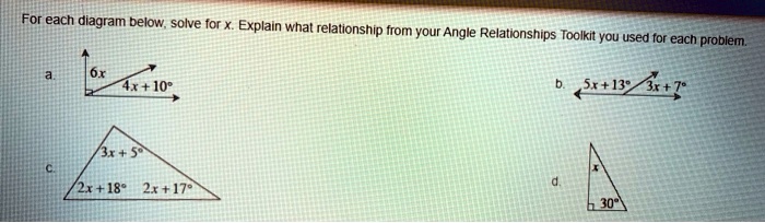 For each diagram below, solve for x. Explain what relationship from your Angle Relationships Toolkit you used for each problem.
a.
6x
4x + 10°
b.
5x + 13°
3x + 7°
c.
3x + 5°
2x + 18°
2x + 17°
d.
x
30°