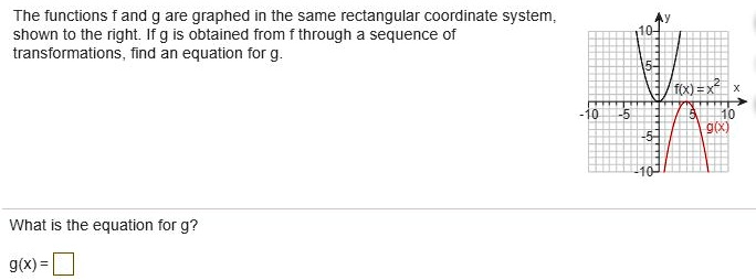 The functions f and g are graphed in the same rectangular coordinate system,
shown to the right. If g is obtained from f through a sequence of
transformations, find an equation for g.

What is the equation for g?
g(x) =