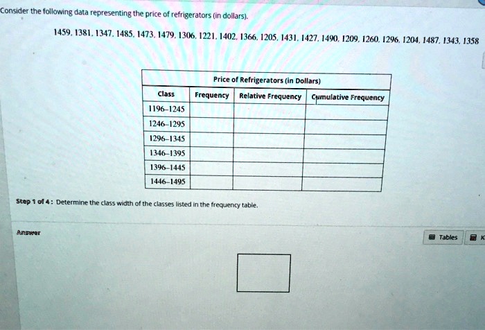 Consider the following data representing the price of refrigerators (in dollars).

1459, 1381, 1347, 1485, 1473, 1479, 1306, 1221, 1402, 1366, 1205, 1431, 1427, 1490, 1209, 1260, 1296, 1204, 1487, 1343, 1358

Price of Refrigerators (in Dollars)
Class Frequency Relative Frequency Cumulative Frequency
1196-1245
1246-1295
1296-1345
1346-1395
1396-1445
1446-1495

Step 1 of 4 : Determine the class width of the classes listed in the frequency table.