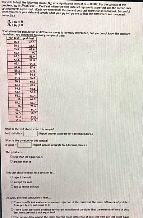 VIDEO solution: Problem: Post-Test - Pre-Test where the first data set ...