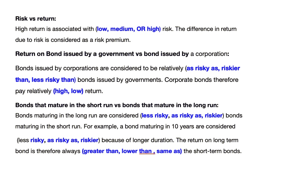 SOLVED: Risk vS return: High return is associated with (low, medium, OR ...