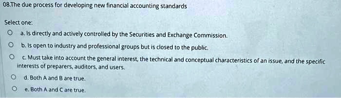 08.The due process for developing new financial accounting standards

Select one:
a. Is directly and actively controlled by the Securities and Exchange Commission.
b. Is open to industry and professional groups but is closed to the public.
c. Must take into account the general interest, the technical and conceptual characteristics of an issue, and the specific
interests of preparers, auditors, and users.
d. Both A and B are true.
e. Both A and C are true.