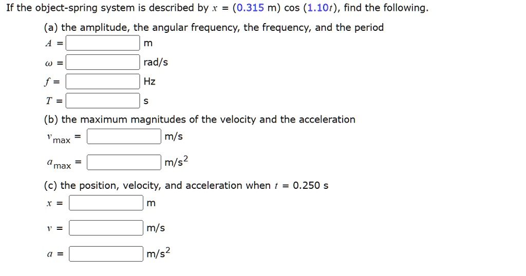 If the object-spring system is described by x = (0.315 m) cos (1.10t ...