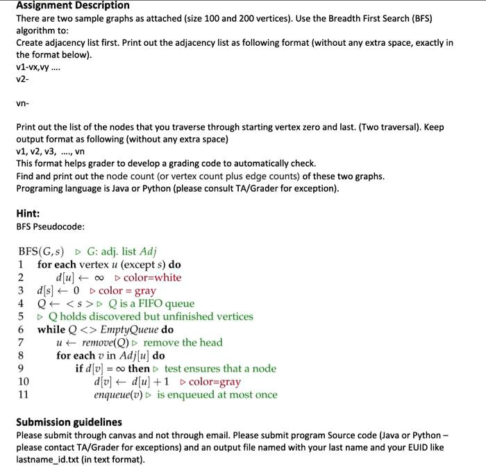 there are two sample graphs as attached size 100 and 200 vertices use the breadth first search bfs algorithm to create adjacency list first print out the adjacency list as following format w 97412