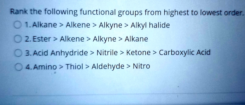 SOLVED: Rank the following functional groups from highest to lowest ...