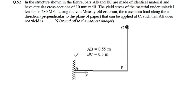 q52 in the structure shown in the figure bars ab and bc are made of identical material and have circular cross sections of 10 mm radii the yield stress of the material under uniaxial tension 14323