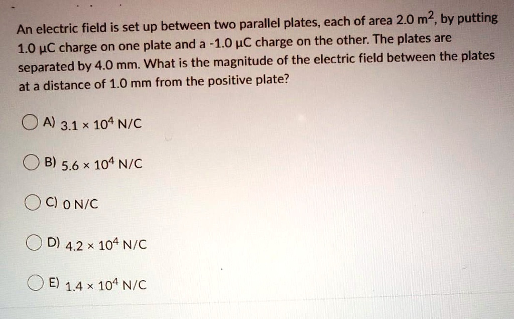 SOLVED: An electric field is set up between two parallel plates; each ...