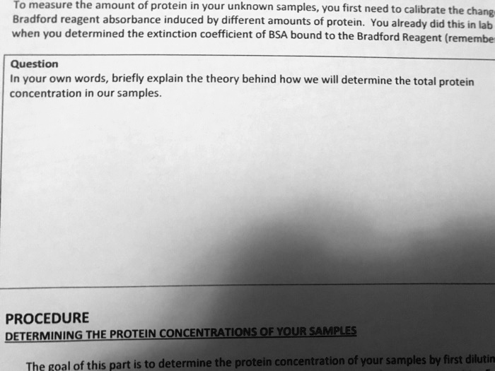 To measure the amount of protein in your unknown samples, you first need to calibrate the change Bradford reagent absorbance induced by different amounts of protein. You already did this in lab when you determined the extinction coefficient of BSA bound to the Bradford Reagent (remembe

Question
In your own words, briefly explain the theory behind how we will determine the total protein concentration in our samples.

PROCEDURE
DETERMINING THE PROTEIN CONCENTRATIONS OF YOUR SAMPLES

The goal of this part is to determine the protein concentration of your samples by first dilutin