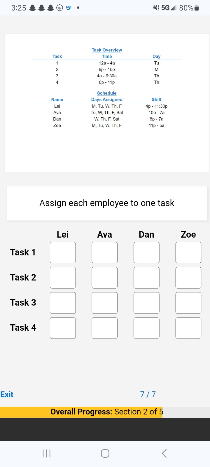 SOLVED: 3:25 5 𝐆, ? 80 % 2c Task Overview 2 - 3 Task Time Day 1 12 a-4 ...