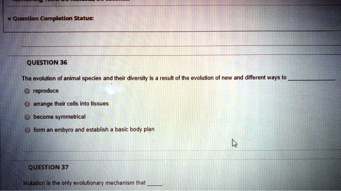 SOLVED: Quention Completion Status: QUESTION 36 The evolution of animal ...