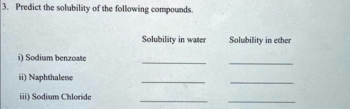 Which Of The Following Compounds Is Soluble In Water SOLVED: Predict the solubility of the following compounds. Solubility