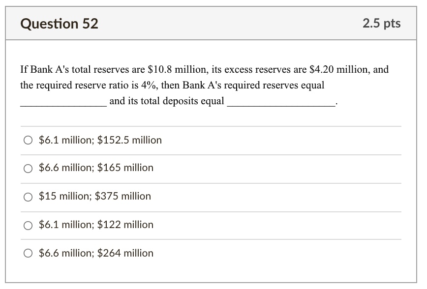 If Bank A's total reserves are 10.8 million, its excess reserves are4.20 million, and the required reserve ratio is 4%, then Bank A's required reserves equal  and its total deposits equal . 

6.1 million;152.5 million
6.6 million;165 million
15 million;375 million
6.1 million;122 million
6.6 million;264 million