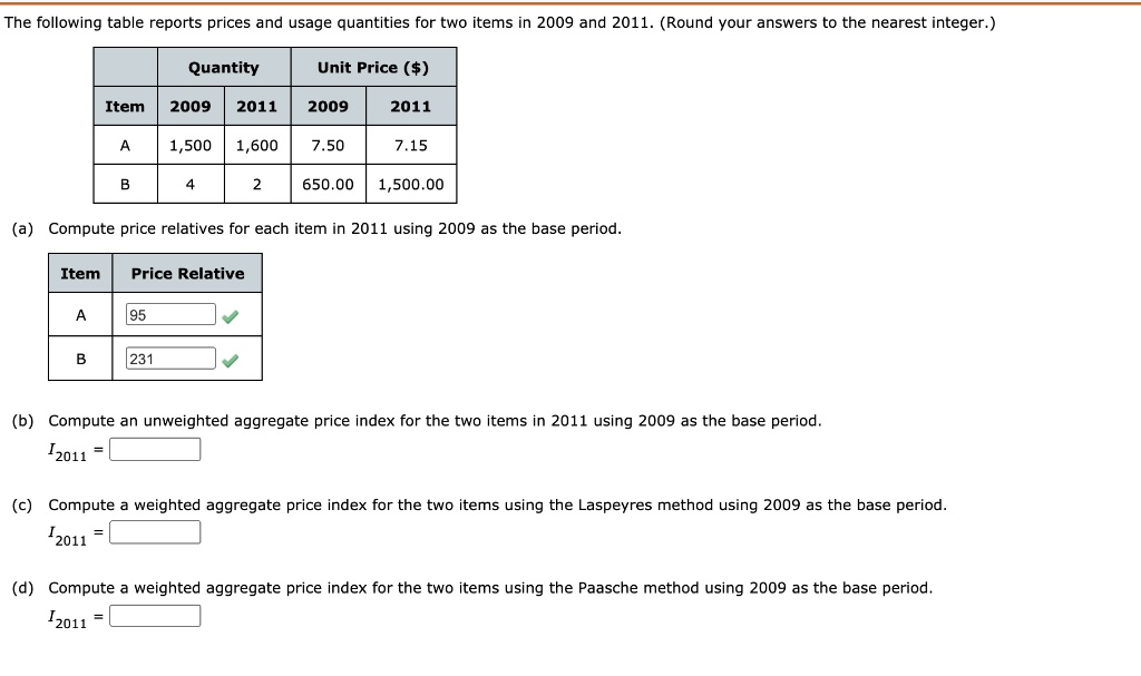 The following table reports prices and usage quantities for two items in 2009 and 2011. (Round your answers to the nearest integer.)

Quantity Unit Price ()
Item 2009 2011 2009 2011
A 1,500 1,600 7.50 7.15
B 4 2 650.00 1,500.00

(a) Compute price relatives for each item in 2011 using 2009 as the base period.

Item Price Relative
A 95
B 231

(b) Compute an unweighted aggregate price index for the two items in 2011 using 2009 as the base period.
I2011 =

(c) Compute a weighted aggregate price index for the two items using the Laspeyres method using 2009 as the base period.
I2011 =

(d) Compute a weighted aggregate price index for the two items using the Paasche method using 2009 as the base period.
I2011 =
