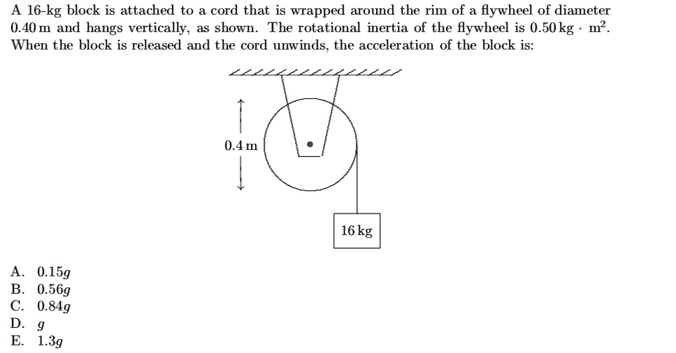 A 16-kg block is attached to a cord that is wrapped around the rim of a flywheel of diameter 0.40 m and hangs vertically, as shown. The rotational inertia of the flywheel is 0.50 kg · m². When the block is released and the cord unwinds, the acceleration of the block is:
A. 0.15g
B. 0.56g
C. 0.84g
D. g
E. 1.3g