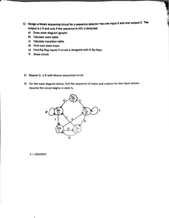 1) Design a Mealy sequential circuit for a sequence detector has one ...