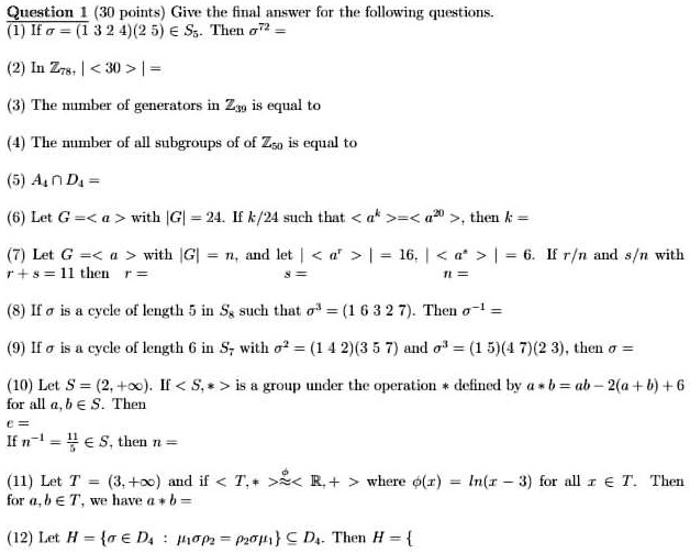 Solved Quostion 30 Point Give The Fital Answer Far The Following Questions Io A Ss Thet 67 In 27d 3 1 31 The Number Of Generators In Zj Is Equal To
