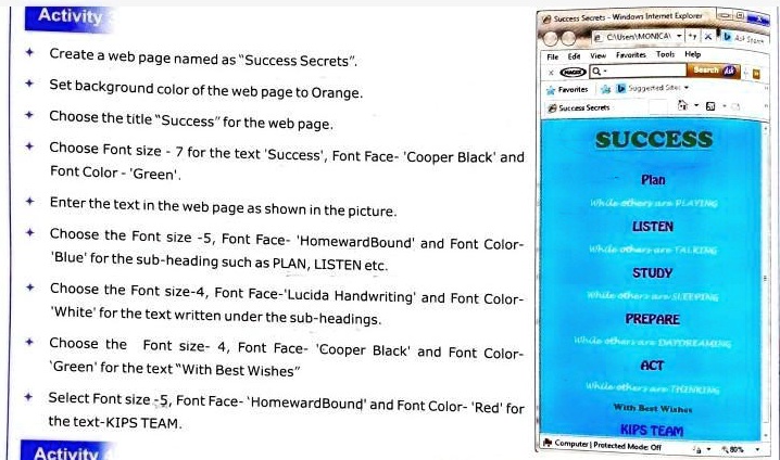 SOLVED: 'HTML coding ......plz help Activity Eescu Nido 7 Inleiret Loot  Ciu;et MCNX4' Create web page named as Success Secrets Set background color  ofthe web page to Orange Choose the title 