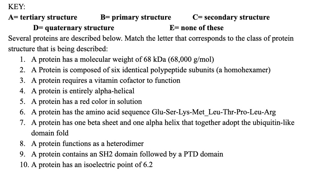 KEY:
A= tertiary structure B= primary structure C= secondary structure
D= quaternary structure E= none of these
Several proteins are described below. Match the letter that corresponds to the class of protein
structure that is being described:
1. A protein has a molecular weight of 68 kDa (68,000 g/mol)
2. A Protein is composed of six identical polypeptide subunits (a homohexamer)
3. A protein requires a vitamin cofactor to function
4. A protein is entirely alpha-helical
5. A protein has a red color in solution
6. A protein has the amino acid sequence Glu-Ser-Lys-MetLeu-Thr-Pro-Leu-Arg
7. A protein has one beta sheet and one alpha helix that together adopt the ubiquitin-like
domain fold
8. A protein functions as a heterodimer
9. A protein contains an SH2 domain followed by a PTD domain
10. A protein has an isoelectric point of 6.2