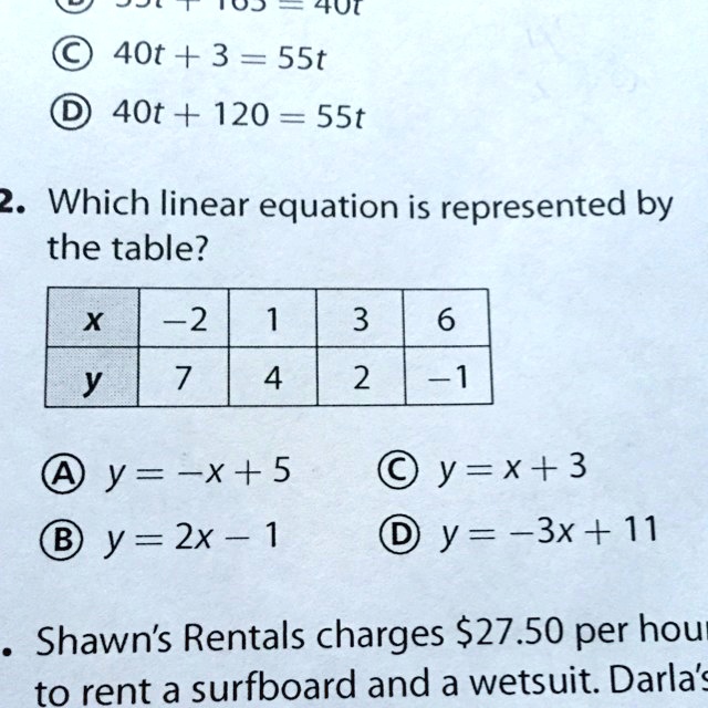 Solved Which Linear Equation Is Represented By The Table 4 0o 4ul 40t 3 I 55t 40t 1 55t 2 Which Linear Equation Is Represented By The Table 2 3 6