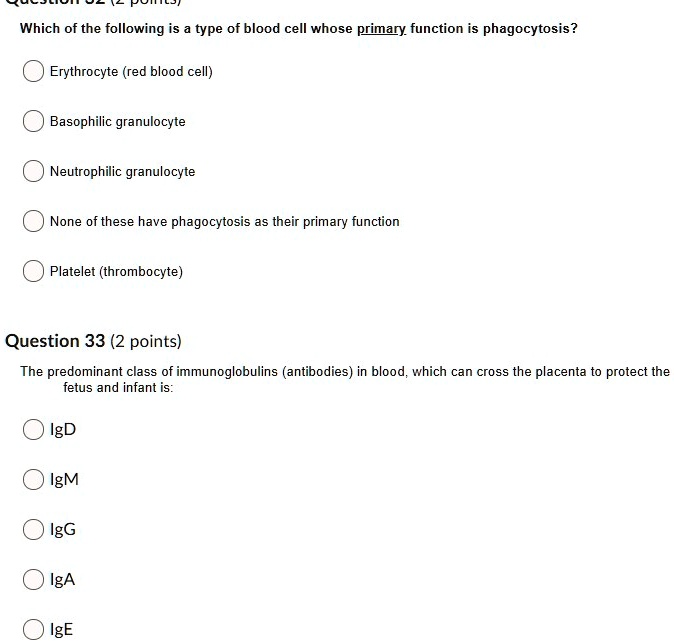 Which of the following is a type of blood cell whose primary function is phagocytosis?
Erythrocyte (red blood cell)
Basophilic granulocyte
Neutrophilic granulocyte
None of these have phagocytosis as their primary function
Platelet (thrombocyte)
The predominant class of immunoglobulins (antibodies) in blood, which can cross the placenta to protect the fetus and infant is:
IgD
IgM
IgG
IgA
IgE