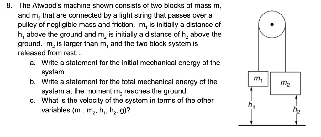 8 the atwoods machine shown consists of two blocks of mass m and mz that are connected by a light string that passes over a pulley of negligible mass and friction m is initially a distance 03128